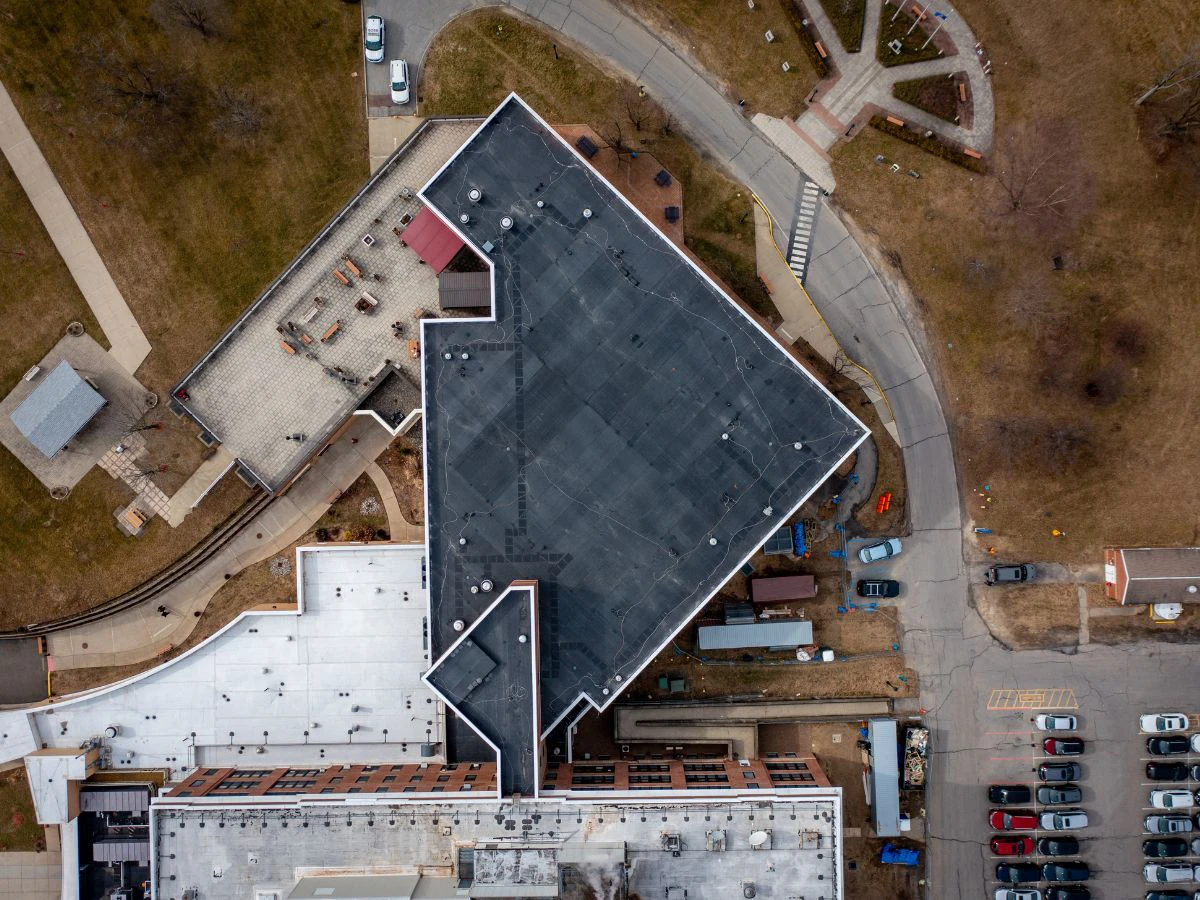 Aerial shot of castle point VA roof after replacement