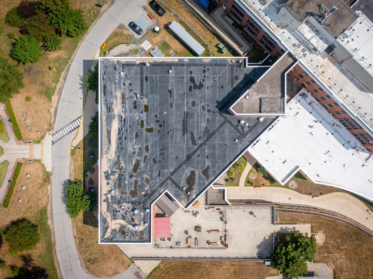 Aerial shot of castle point VA roof before replacement