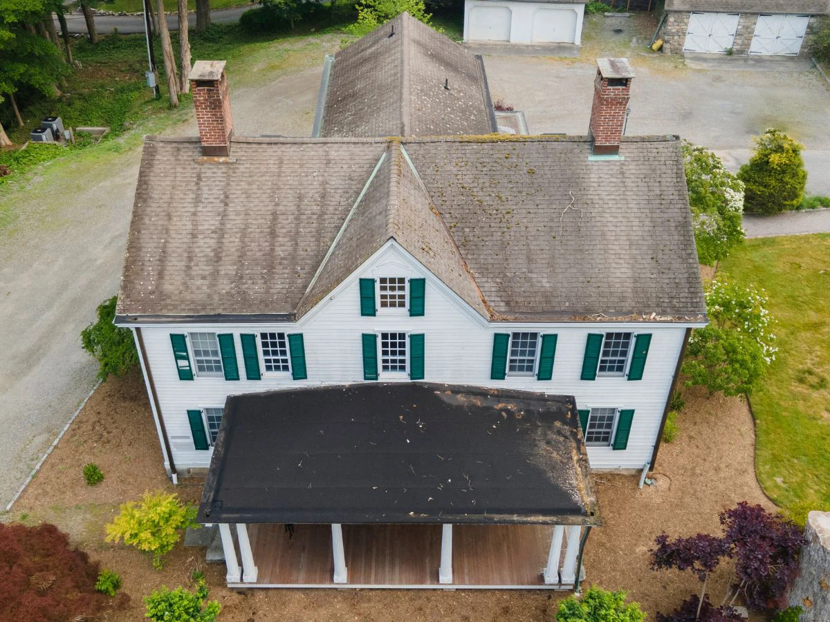 drone photogrpah of shingle roof before replacement